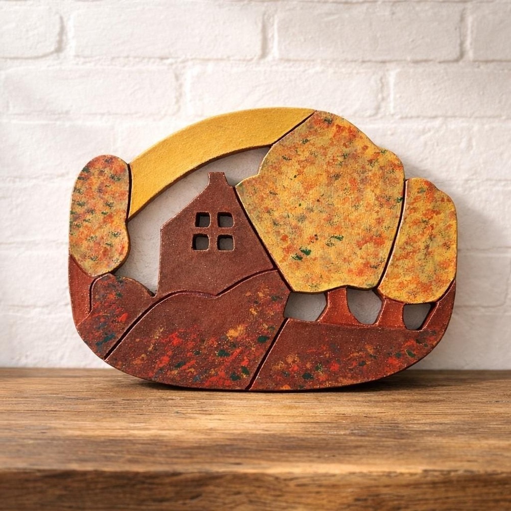 Vintage 1996 Signed‎ Terracotta Folk Art Wall Plaque Studio Pottery Landscape